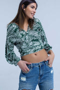 Blusa estampada verde com pescoço de mergulho