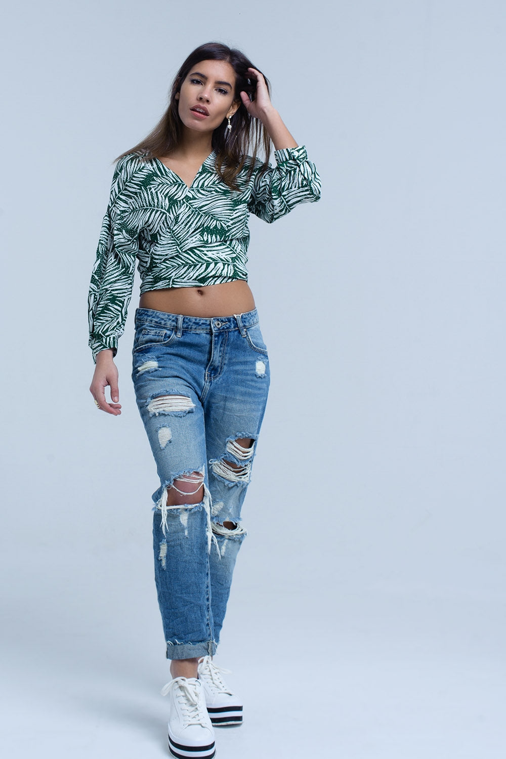 Blusa estampada verde com pescoço de mergulho
