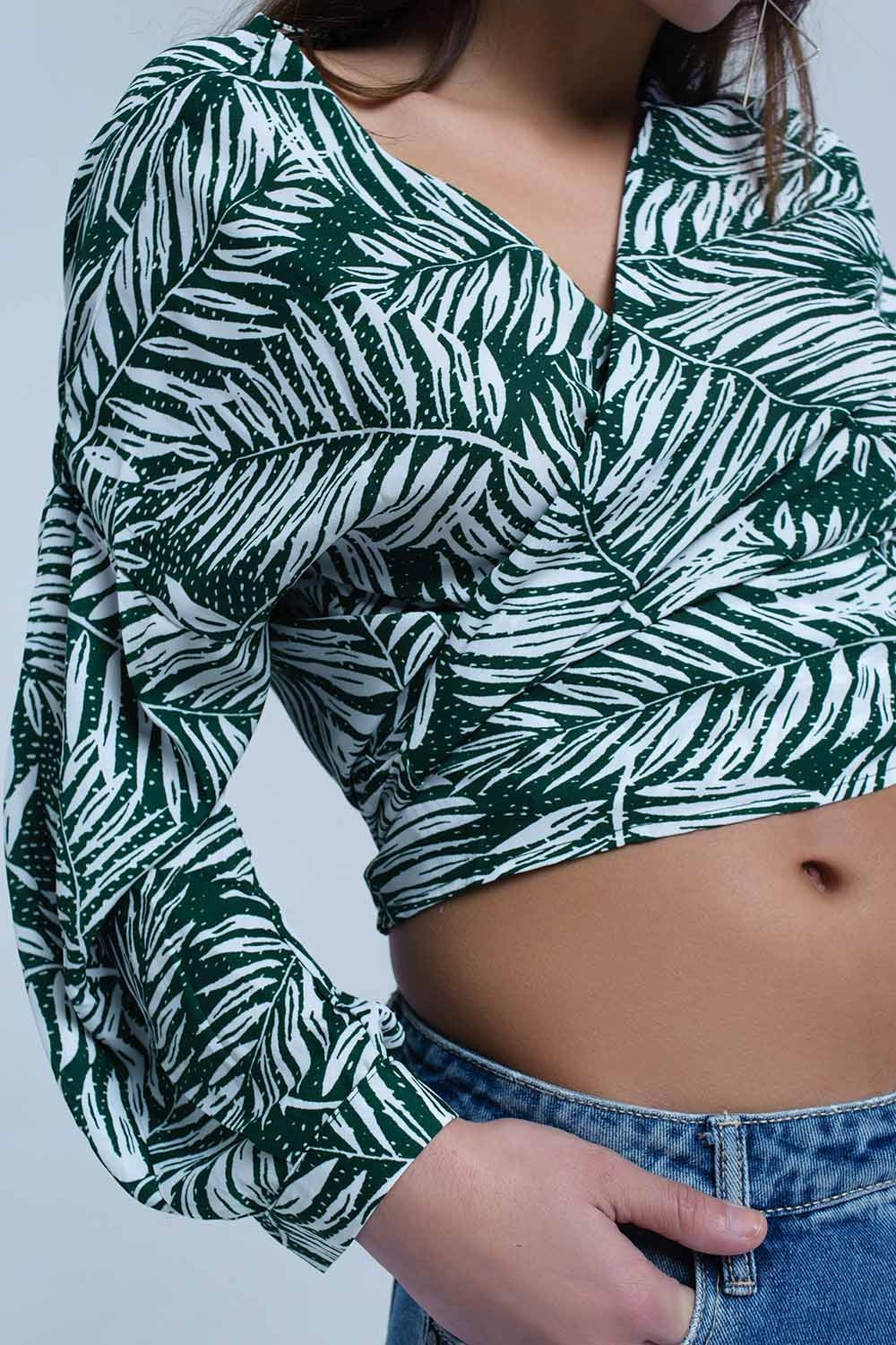 Blusa estampada verde com pescoço de mergulho