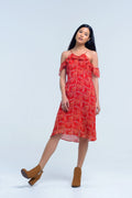 Vestido vermelho com flores e babados impressos