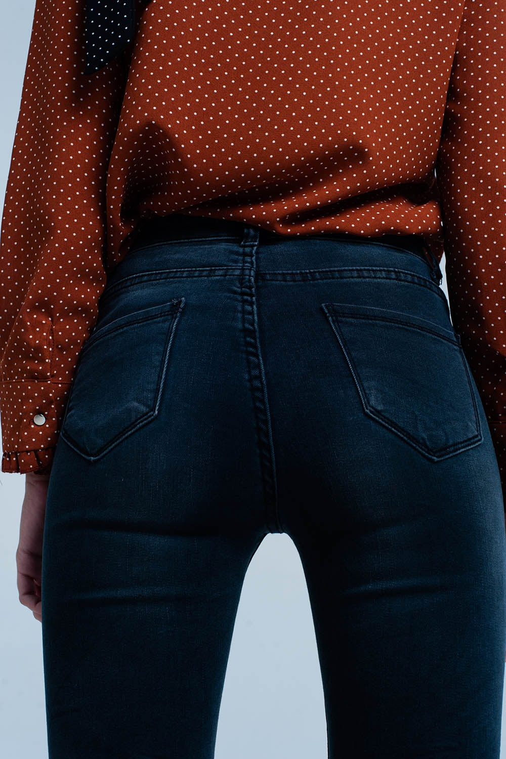 Calças de ganga skinny preto enrugado cintura alta