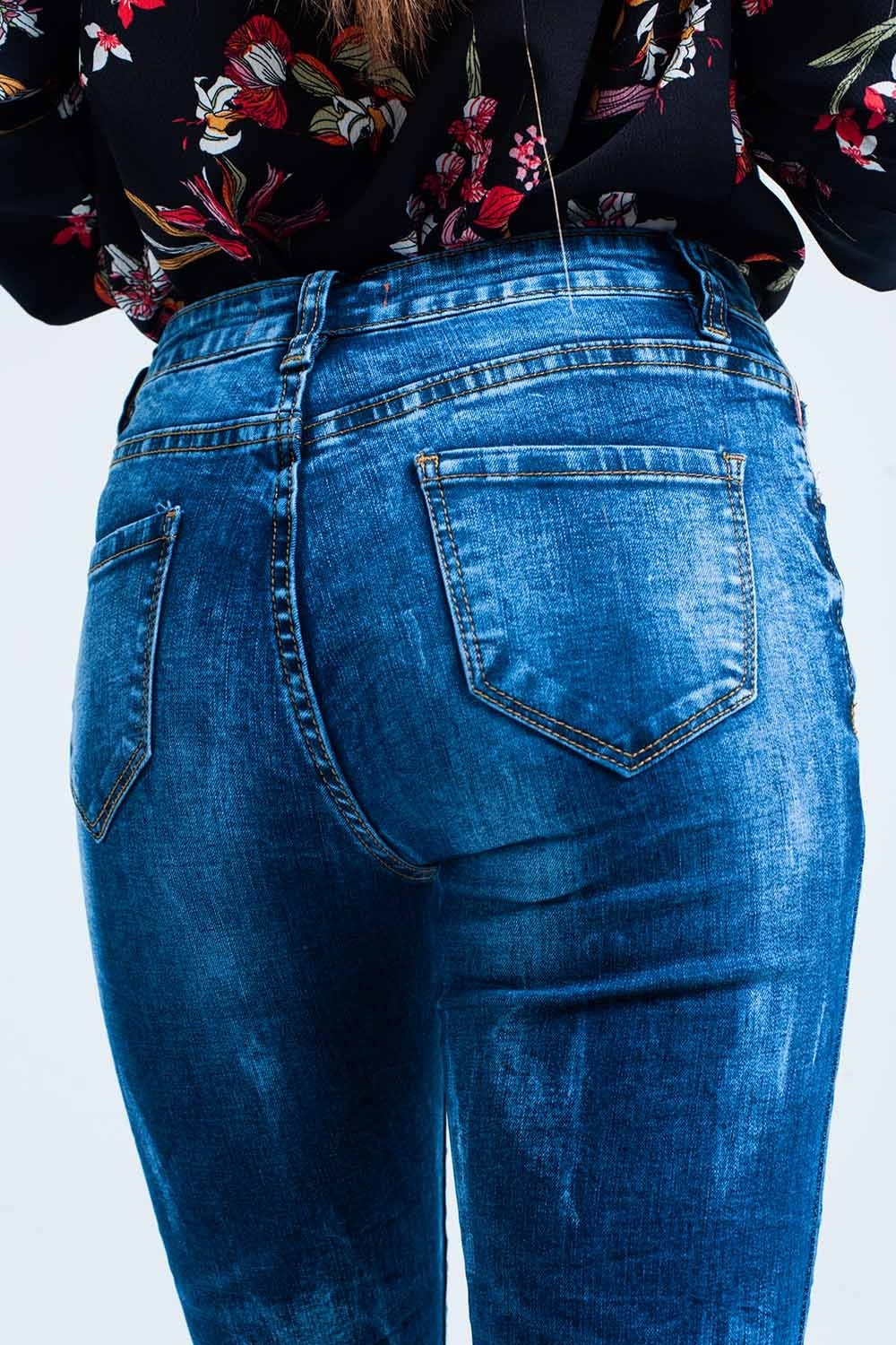 Calças de ganga skinny Azuis enrugado cintura alta