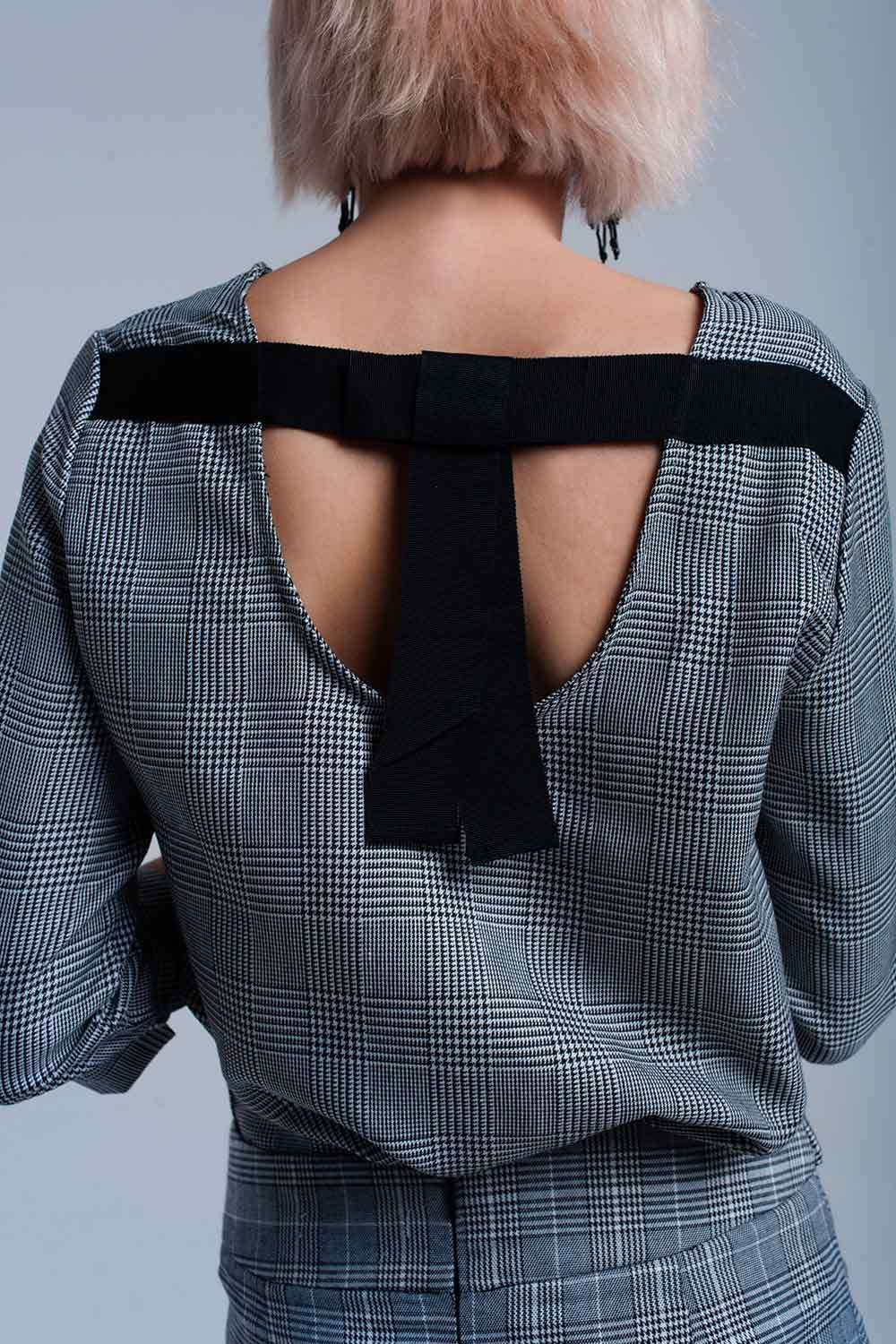 Top padrão de tartan cinza com fitas