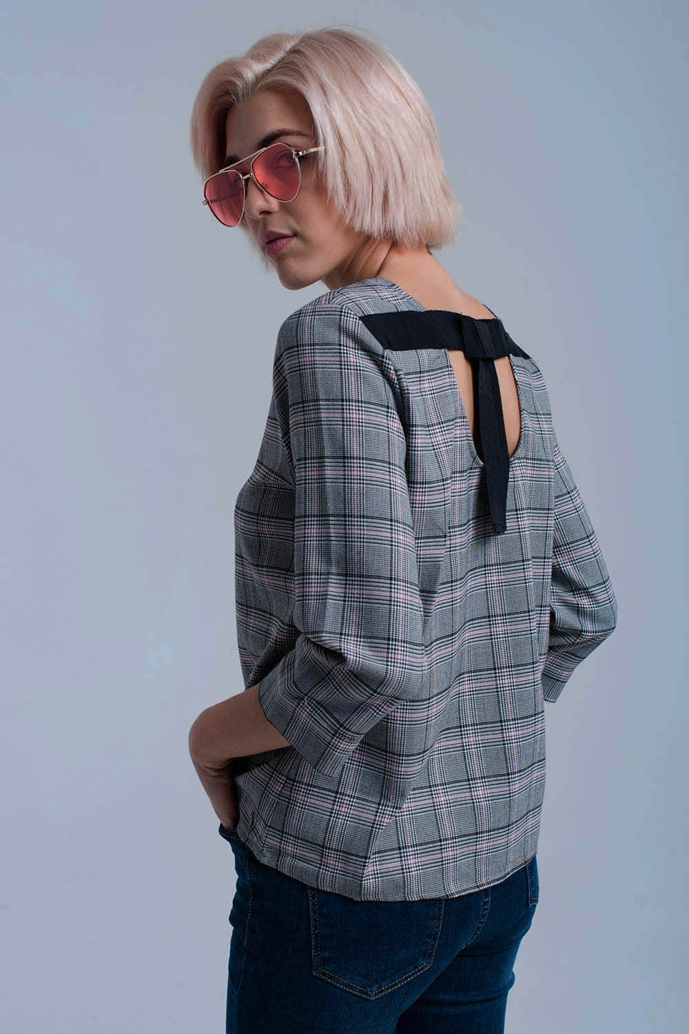 Top padrão de tartan rosa com fitas