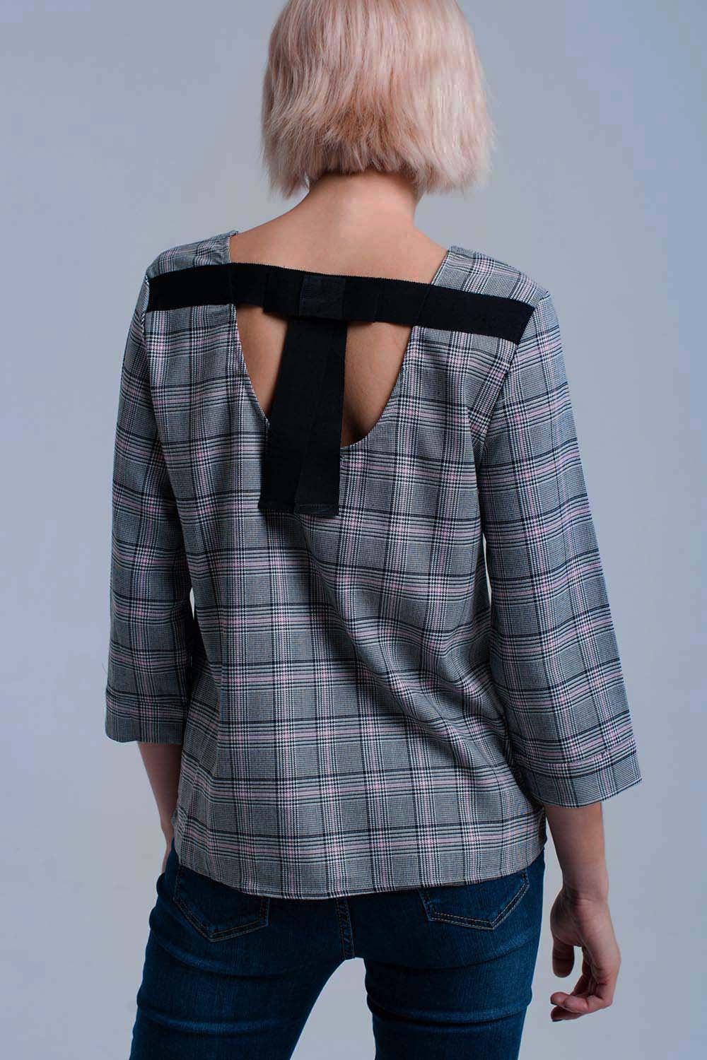 Top padrão de tartan rosa com fitas