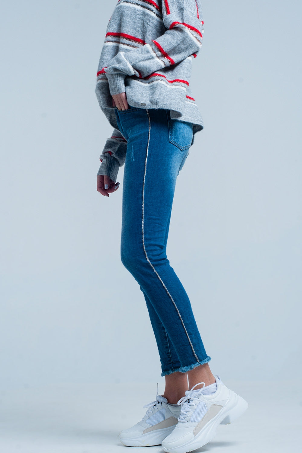 Calças de ganga skinny com listra lateral strass