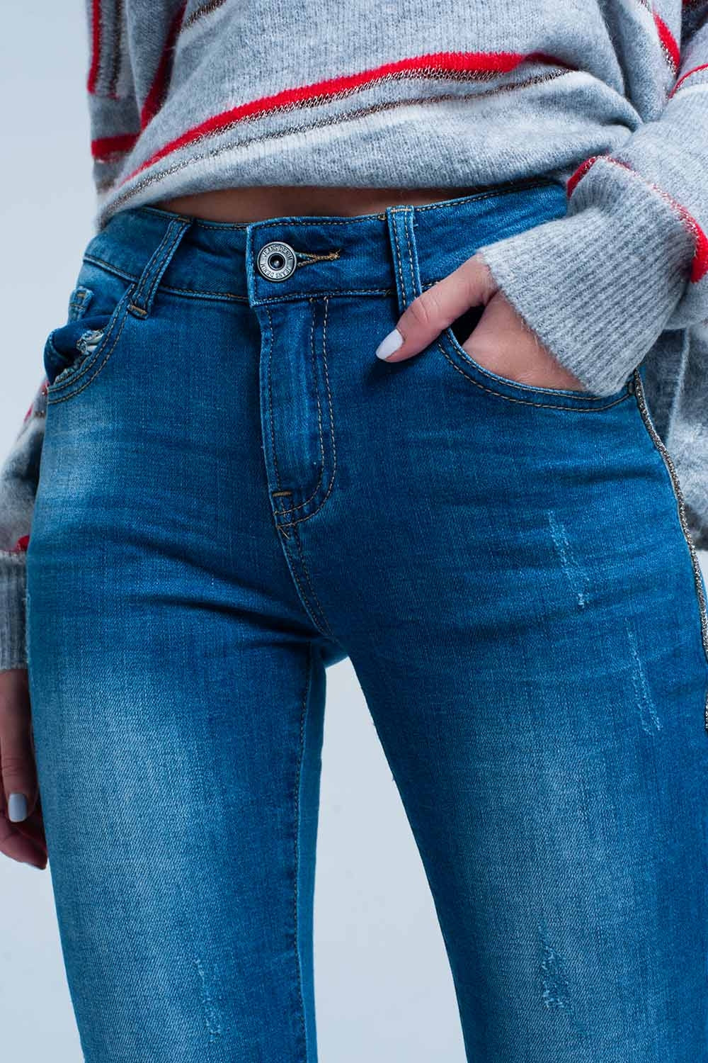 Calças de ganga skinny com listra lateral strass