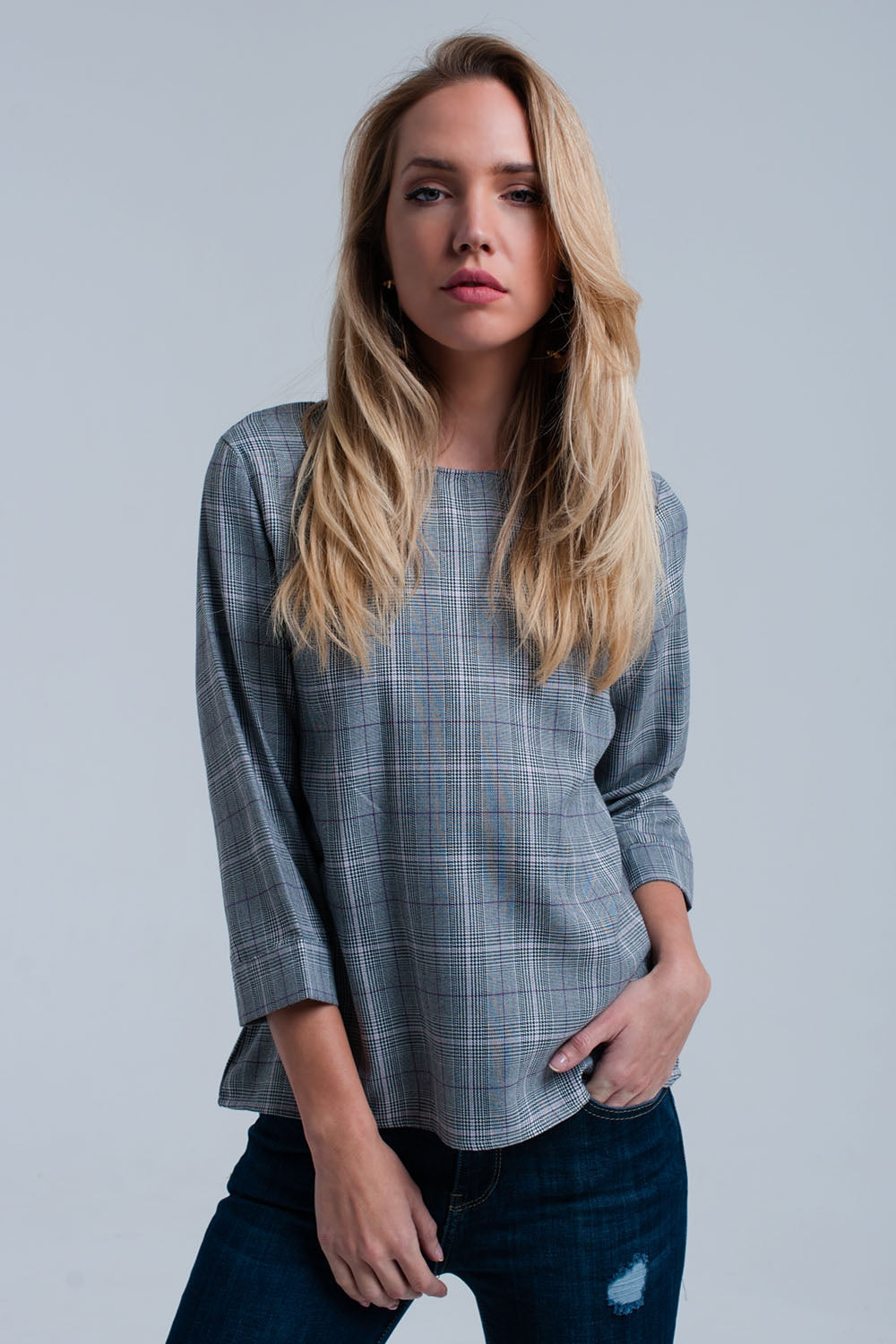 Top padrão de tartan roxa com fitas