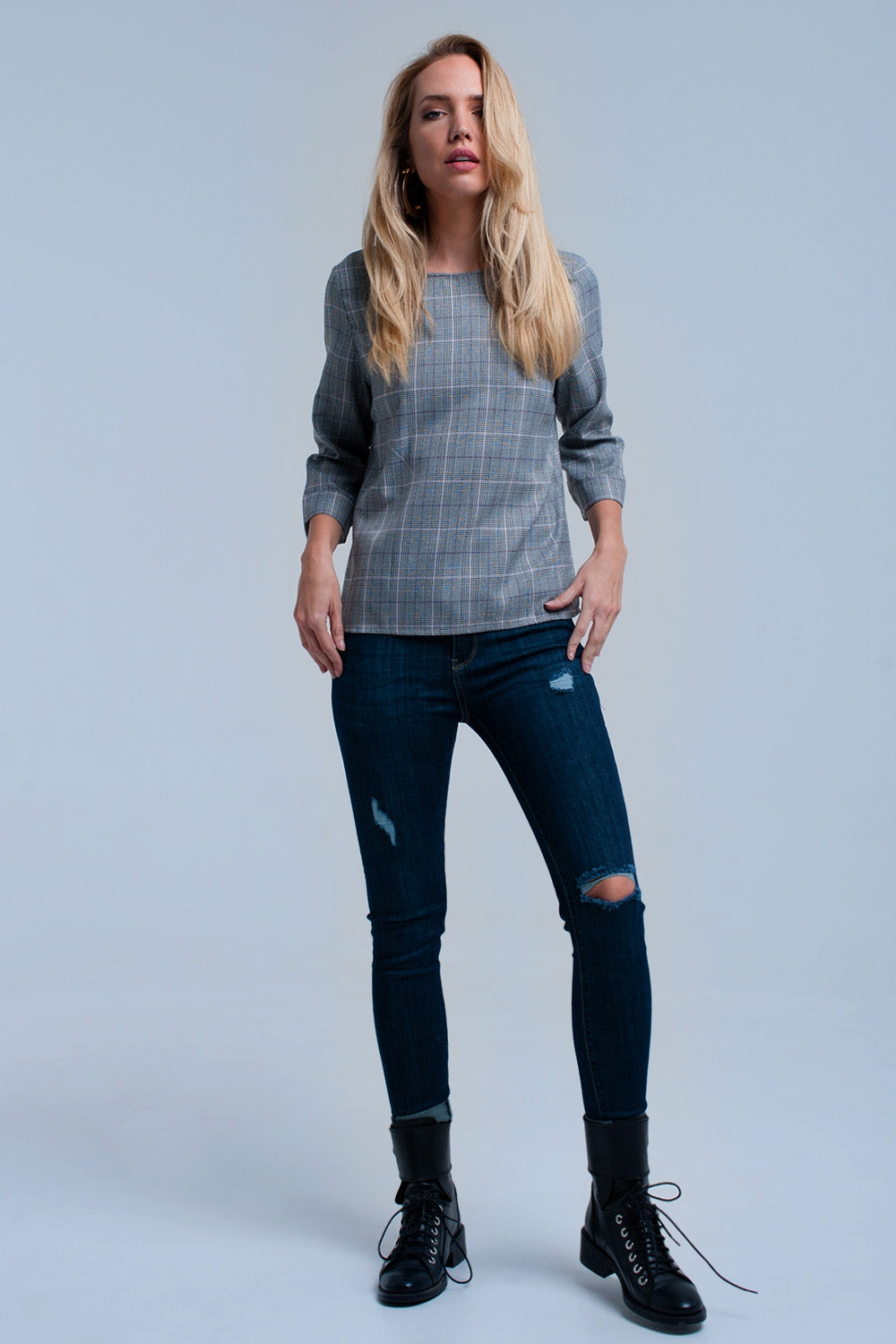 Top padrão de tartan roxa com fitas