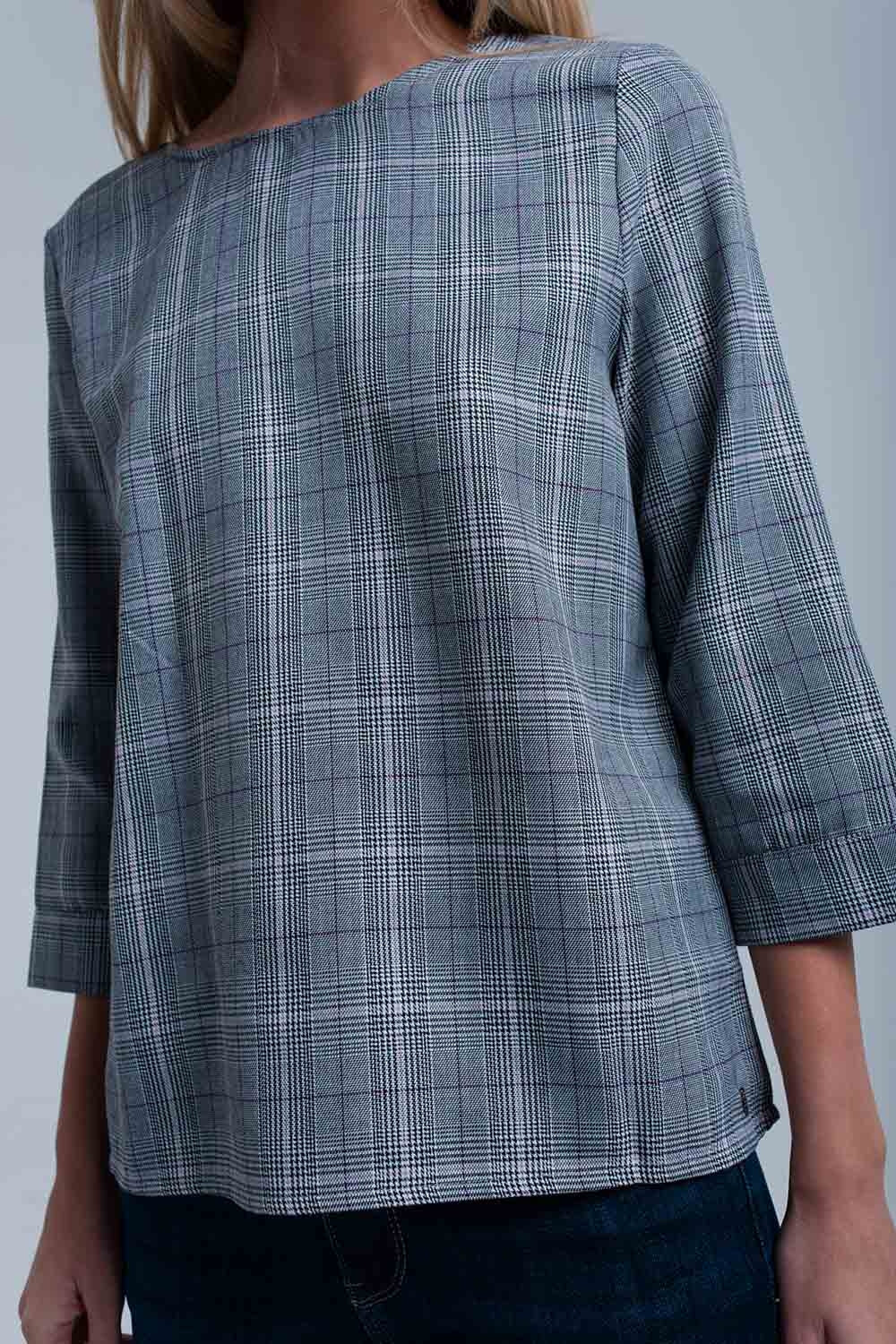 Top padrão de tartan roxa com fitas