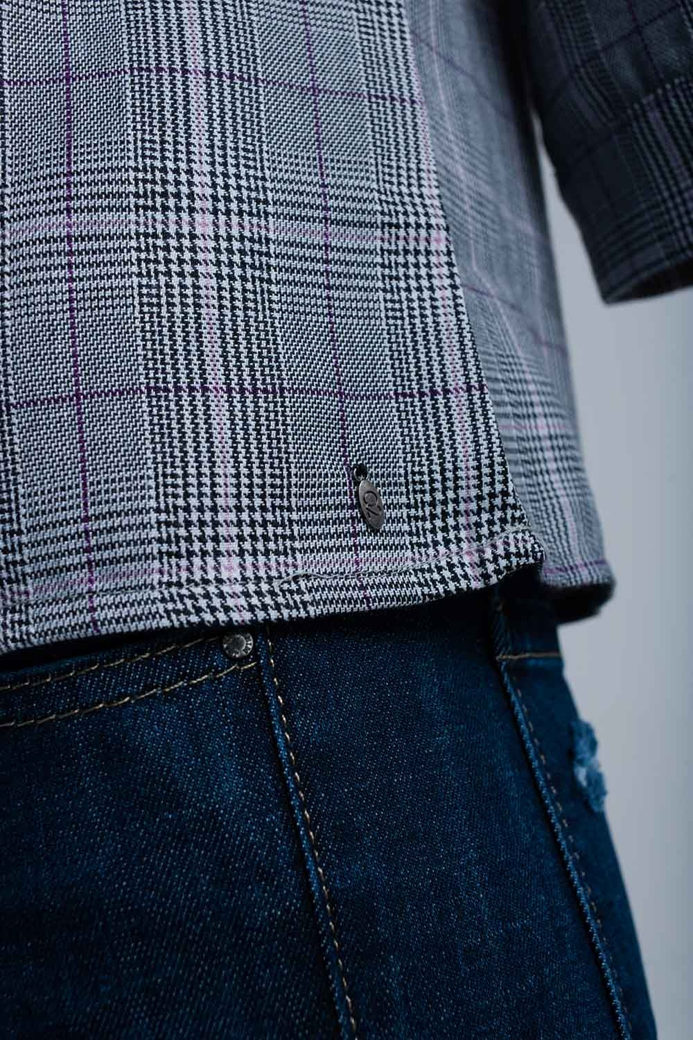 Top padrão de tartan roxa com fitas