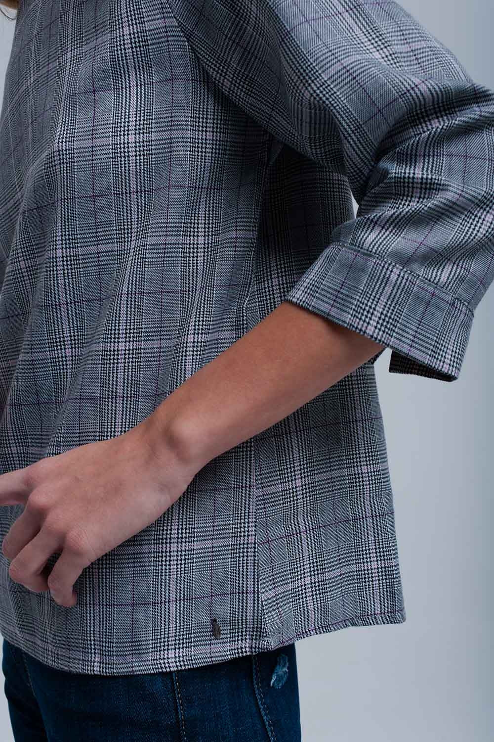 Top padrão de tartan roxa com fitas