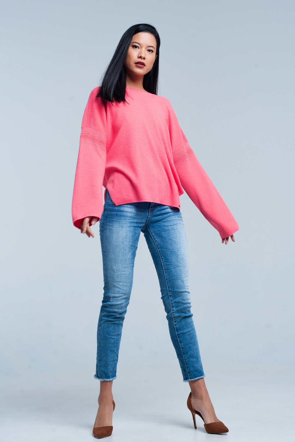 Camisola de malha fina coral com detalhes de brilho