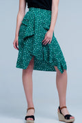 Saia verde Midi com estampa floral de bolinhas e detalhe de plissado