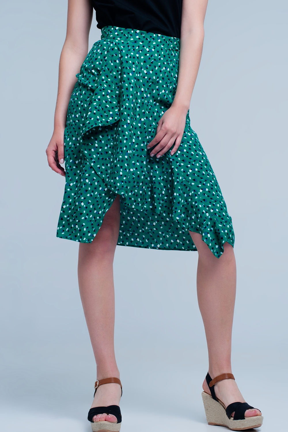 Saia verde Midi com estampa floral de bolinhas e detalhe de plissado