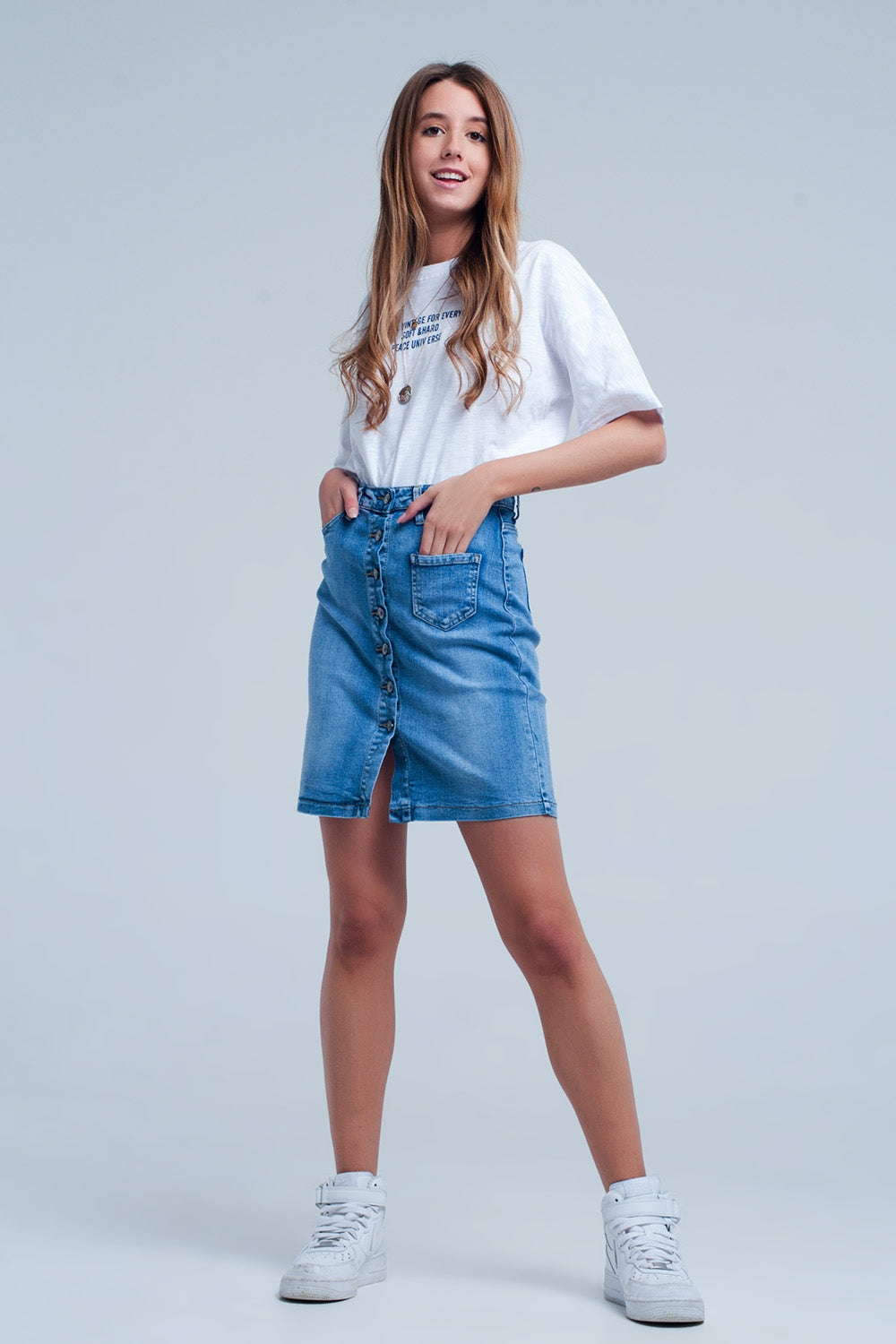 Minissaia denim azul com botões