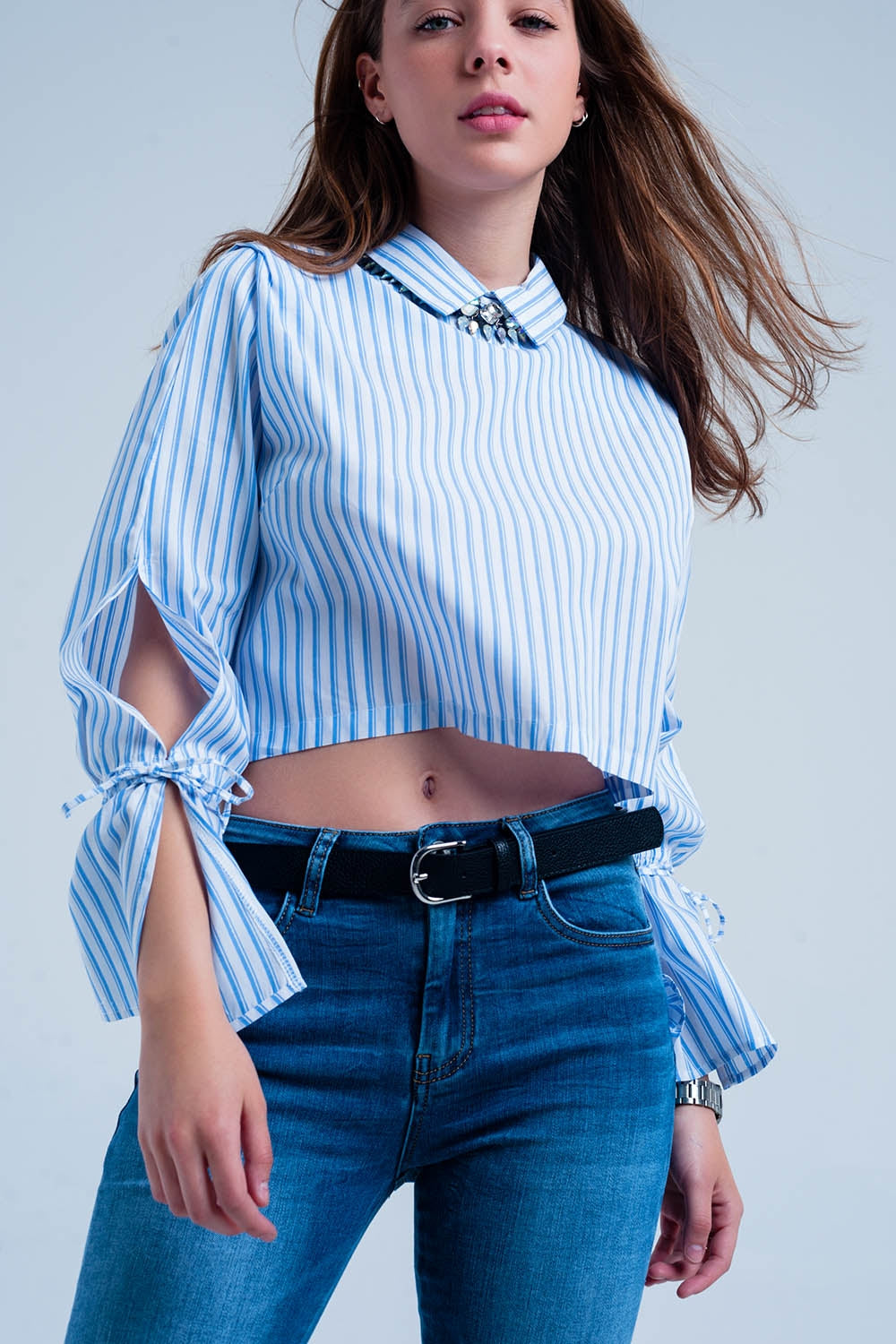 Camisa curta listrada azul