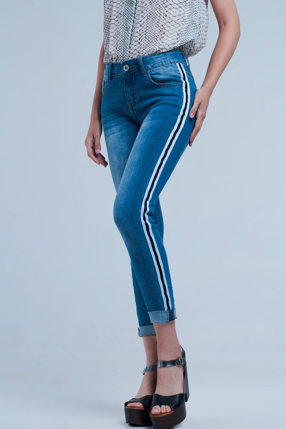 Calças de ganga denim com listra ao lado