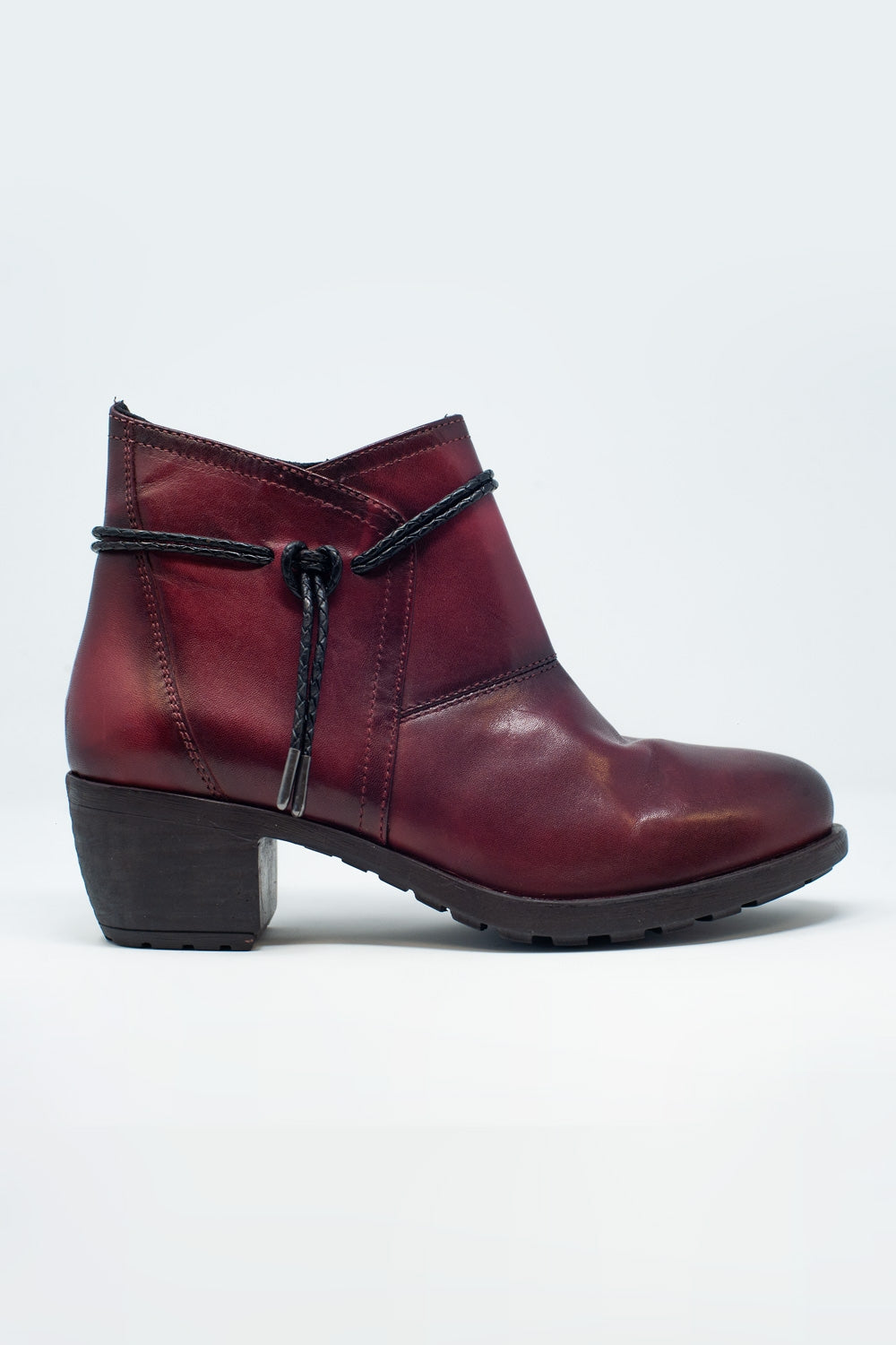 Dark brown blocked mid heeled ankle boots with round toe