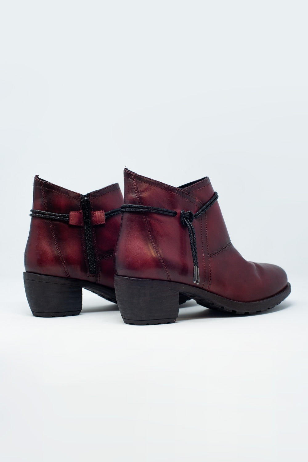 Dark brown blocked mid heeled ankle boots with round toe