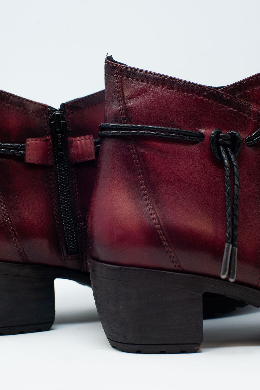 Dark brown blocked mid heeled ankle boots with round toe