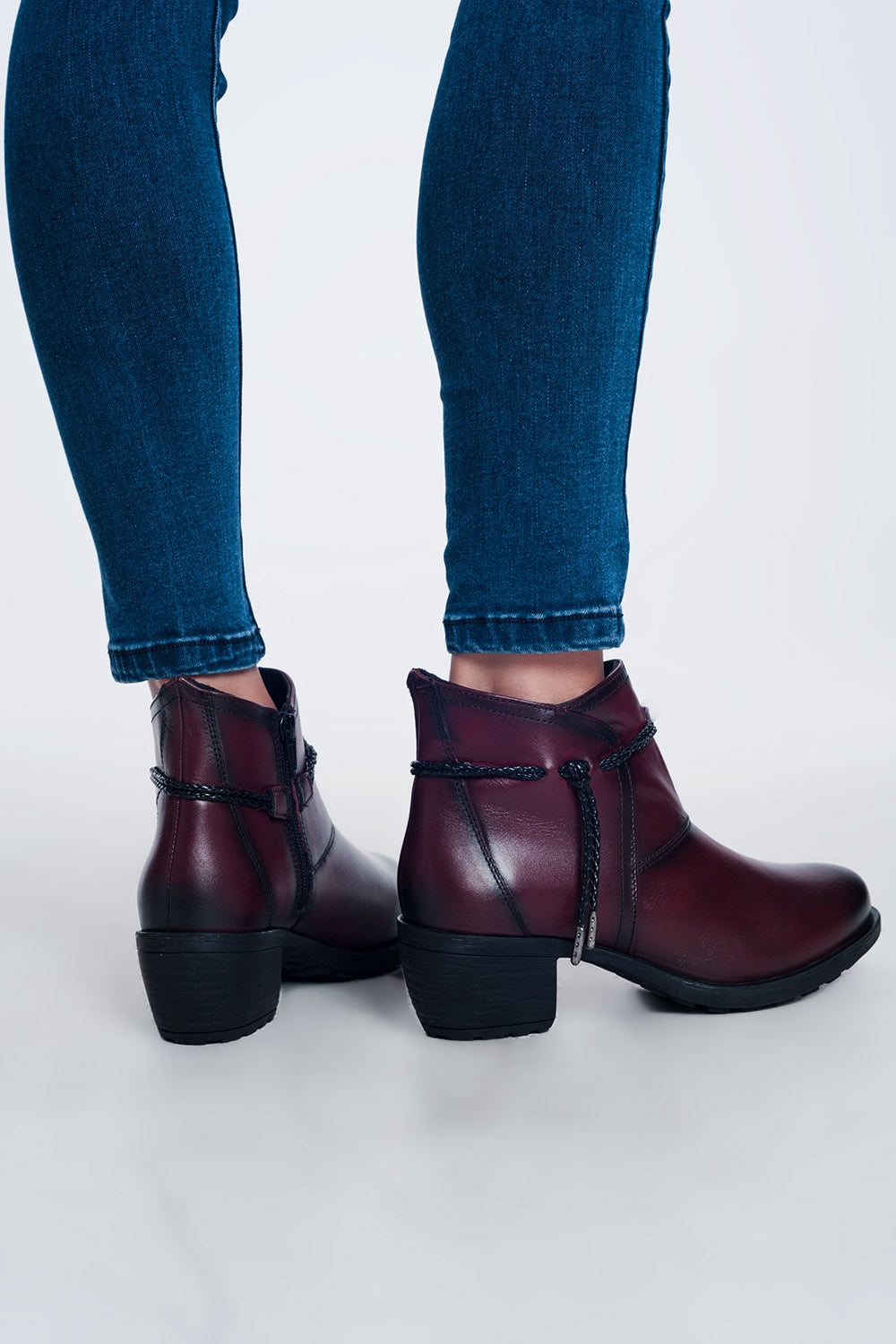 Dark brown blocked mid heeled ankle boots with round toe