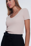 Camisola de manga curta gola v com nervuras finas rosa