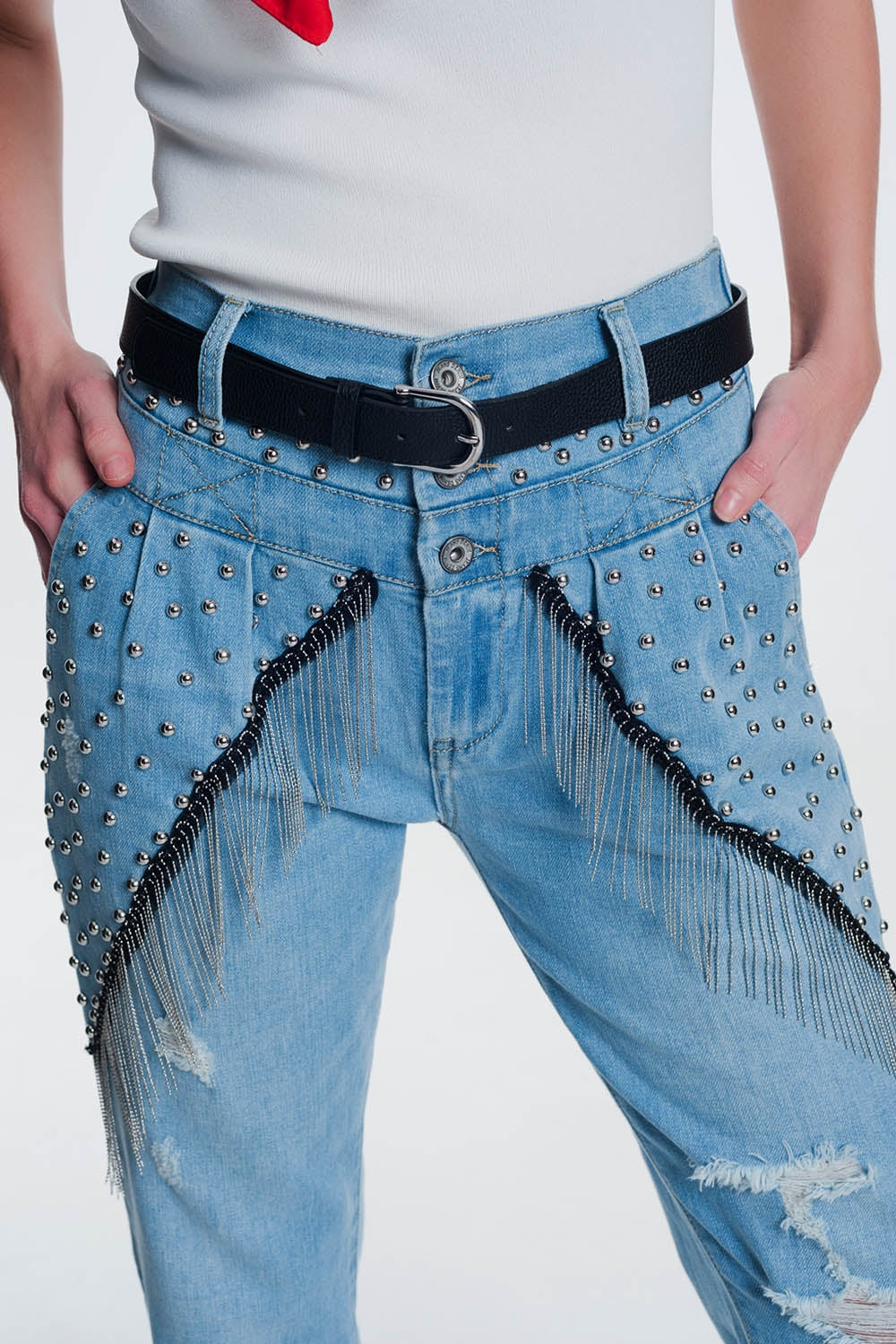 Calças de ganga retos rasgados vintage com tachas