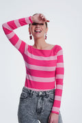 Sueter listrado fucsia com gola de barco