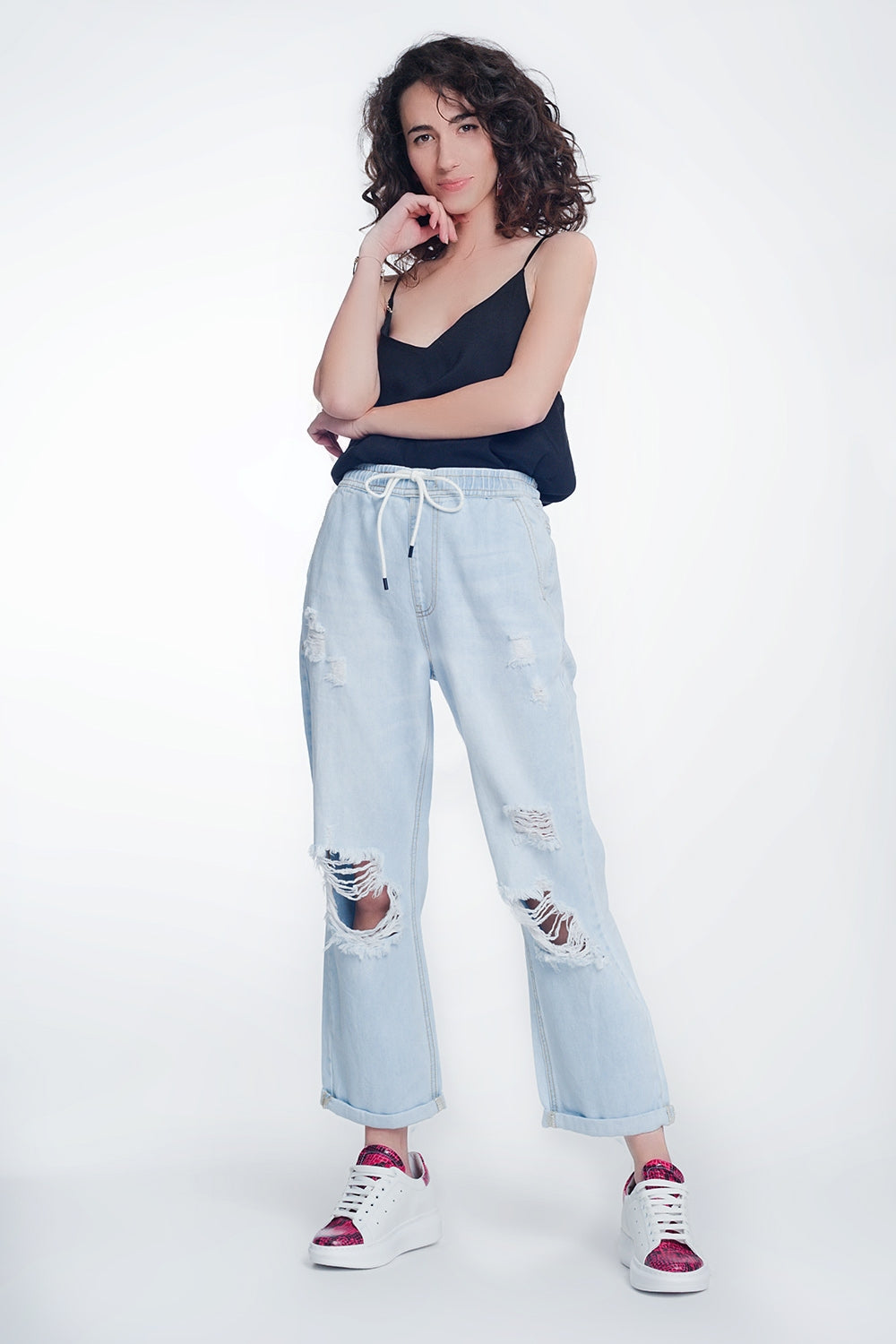 Calças de ganga em azul claro de cintura alta e reta