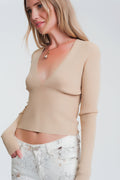 Camisola com nervuras bege e decote em V