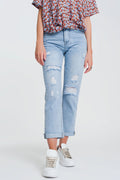 Jeans rasgados straight em denim claro