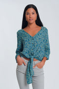 Blusa de mangas compridas com decote em V botões e estampa floral verde