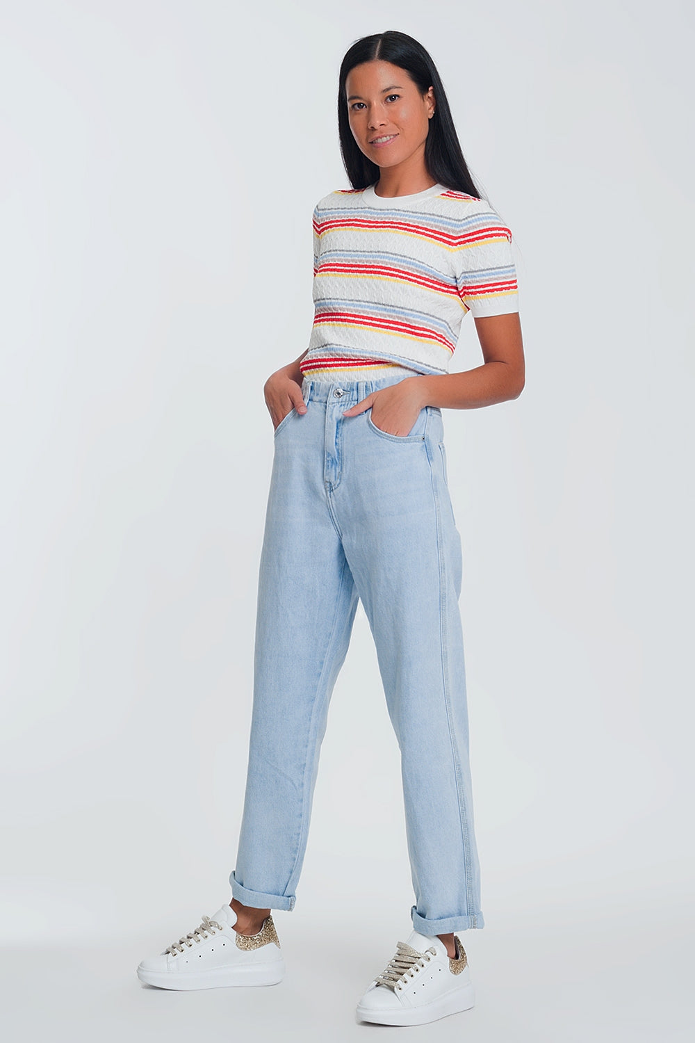 Jeans de cintura alta em azul claro
