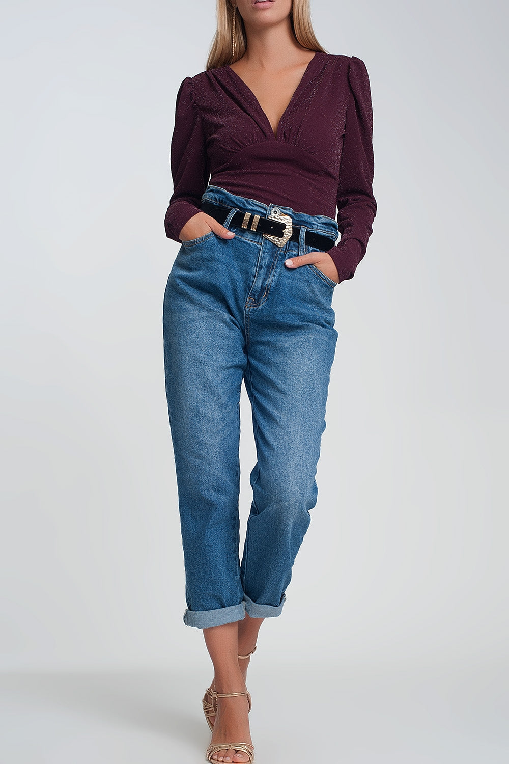 Calças de ganga de cintura alta em azul escuro