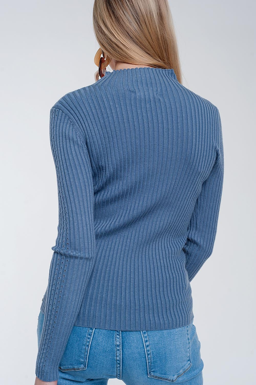Camisola de pescoço com nervuras Azul