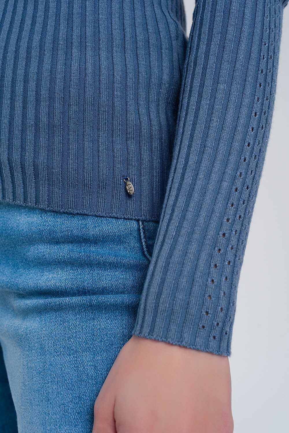 Camisola de pescoço com nervuras Azul