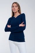 Camisola canelado de gola redonda em azul marinho