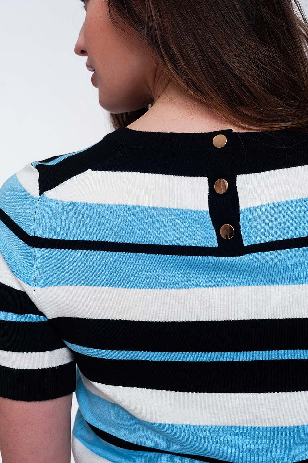 Camisola azul multicolorida de corte quadrado às riscas de pescoço redondo