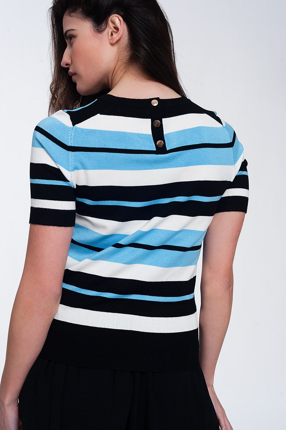Camisola azul multicolorida de corte quadrado às riscas de pescoço redondo