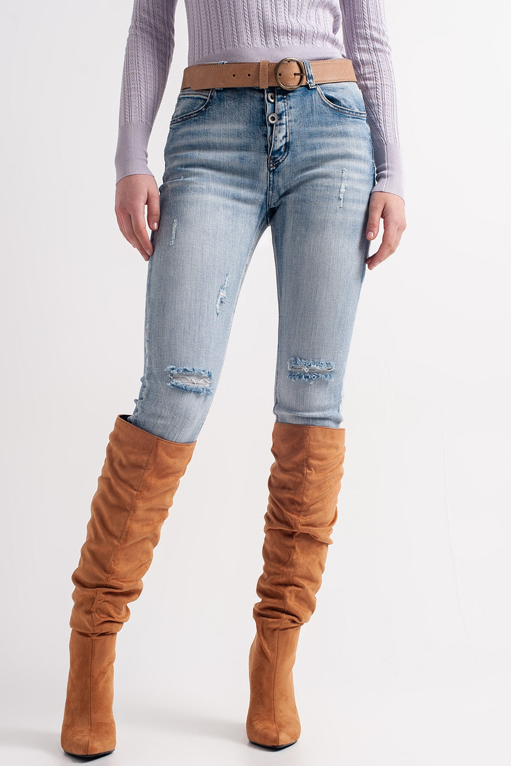 Calças de ganga skinny com detalhes de botões em azul claro