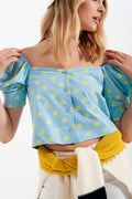 Polka dot top com mangas bufantes e decote quadrado azul e verde
