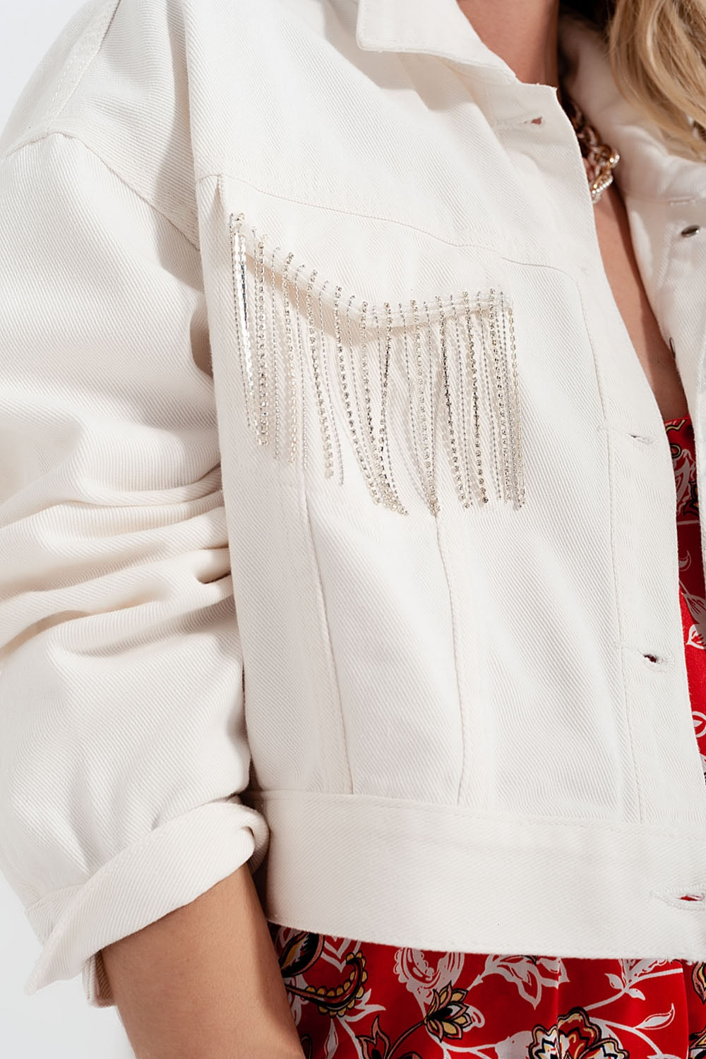 Casaco de ganga branco com franjas de rhinestone