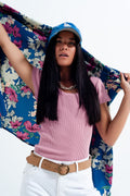 Camisola de malha com nervuras apertadas e pescoço redondo em rosa
