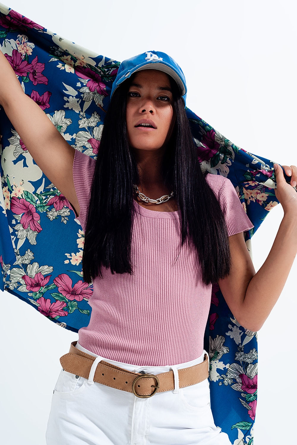 Camisola de malha com nervuras apertadas e pescoço redondo em rosa