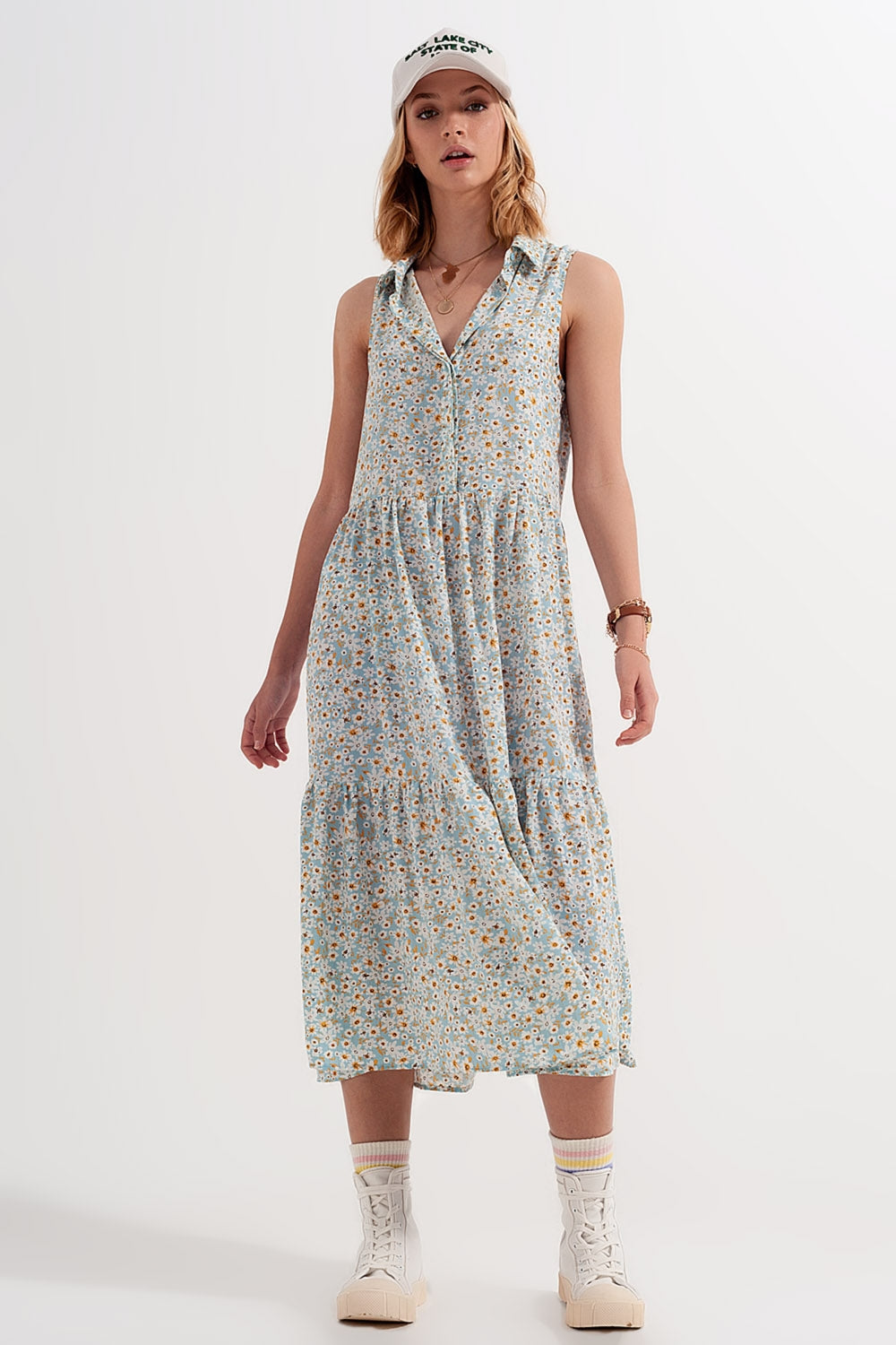 Vestido de camisa sem mangas com estampa floral azul
