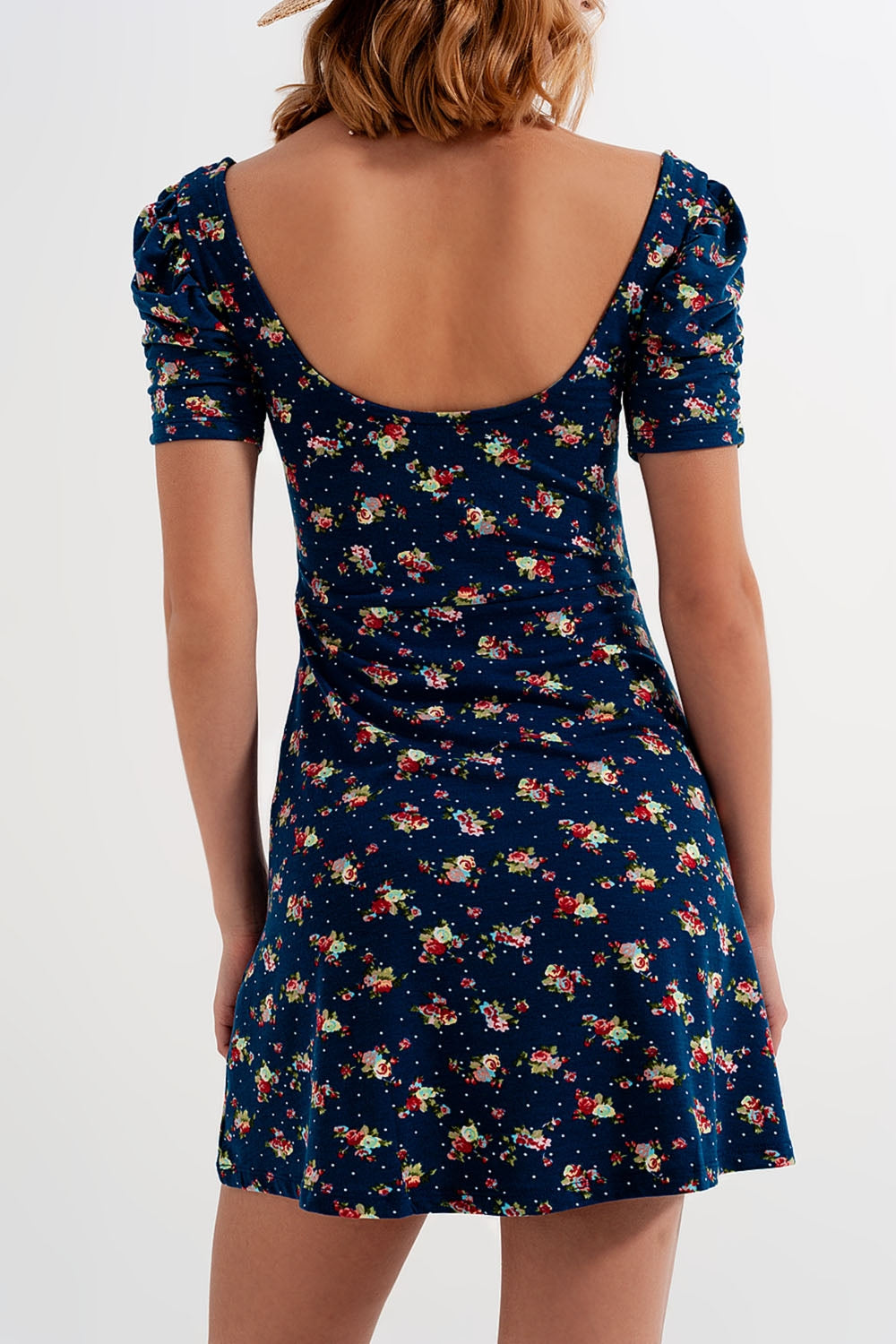 Vestido skater com mangas bufantes e estampa floral azul-marinho