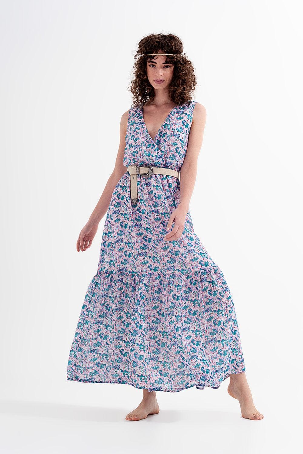 Vestido comprido sem mangas com estampa floral verde