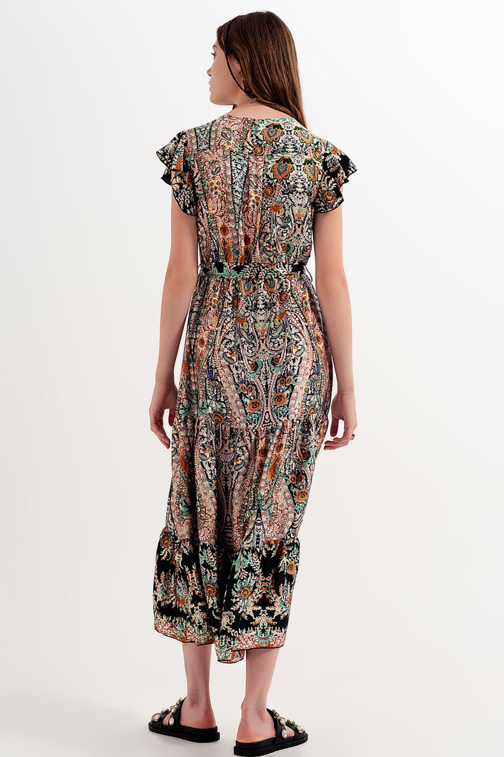 Vestido comprido com saia em camadas e estampado de caxemira