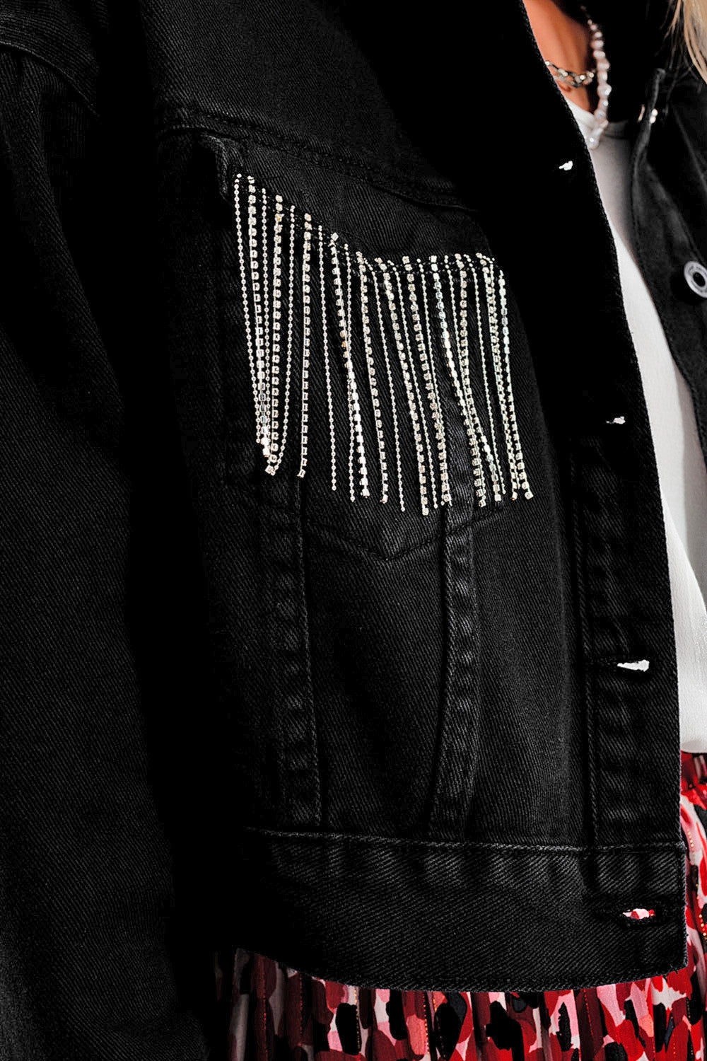 Casaco de ganga preto com franjas de rhinestone